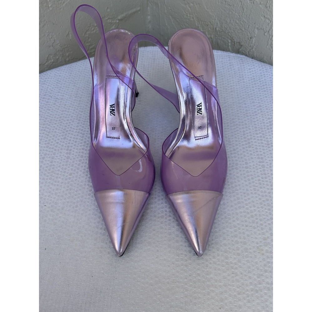 Zara Purple Metallic Vinyl Slingback Heels Pointed Toe Stiletto Pumps Size 37